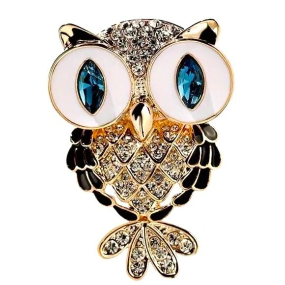 Owl Brooch Rhinestone Enamel Pin Gold Gems Colorful Glam Sparkle Stylish Retro - Picture 2 of 3